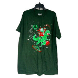 Mad Engine Santa Dinosaur in Space Graphic T-Shirt Size Medium